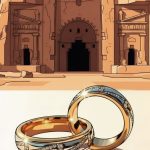 تصویرسازی از طاق بستان کرمانشاه به همراه دو حلقه ازدواج در پیش‌زمینه، نمادی از خدمات همسریابی و ازدواج قانونی مرکز پیوند دل‌ها.