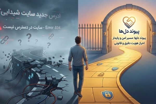 تصویری مفهومی که یک کاربر را در دوراهی نشان می‌دهد؛ یک مسیر به سمت لینک‌های شکسته و ناپایدار و مسیر دیگر به سمت ورود امن و مطمئن به سامانه پیوند دلها.