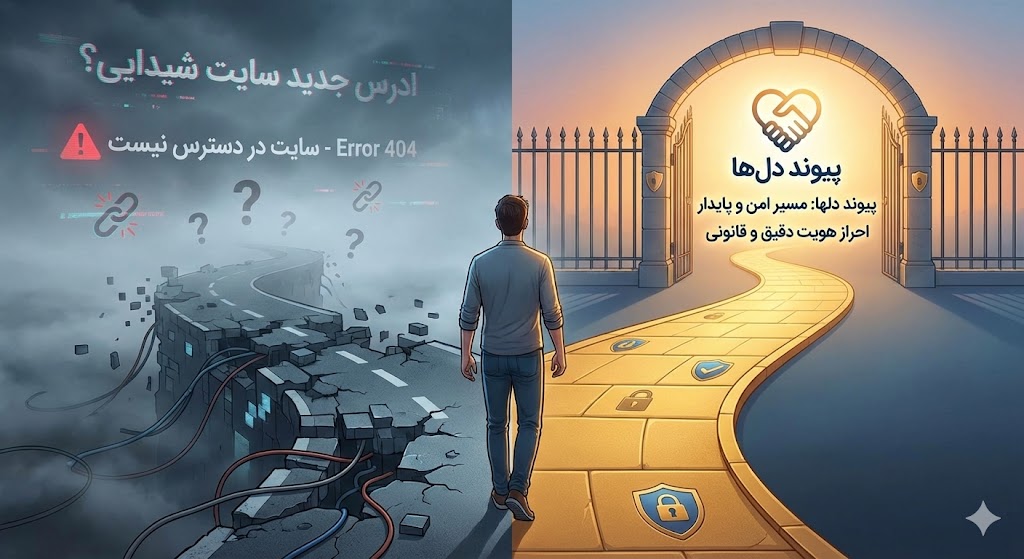 تصویری مفهومی که یک کاربر را در دوراهی نشان می‌دهد؛ یک مسیر به سمت لینک‌های شکسته و ناپایدار و مسیر دیگر به سمت ورود امن و مطمئن به سامانه پیوند دلها.